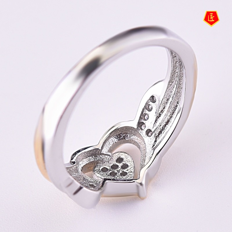 [Ready Stock]Silver Heart-Shaped Diamond Two-Tone Ring Fashion Luxury 18K Gold