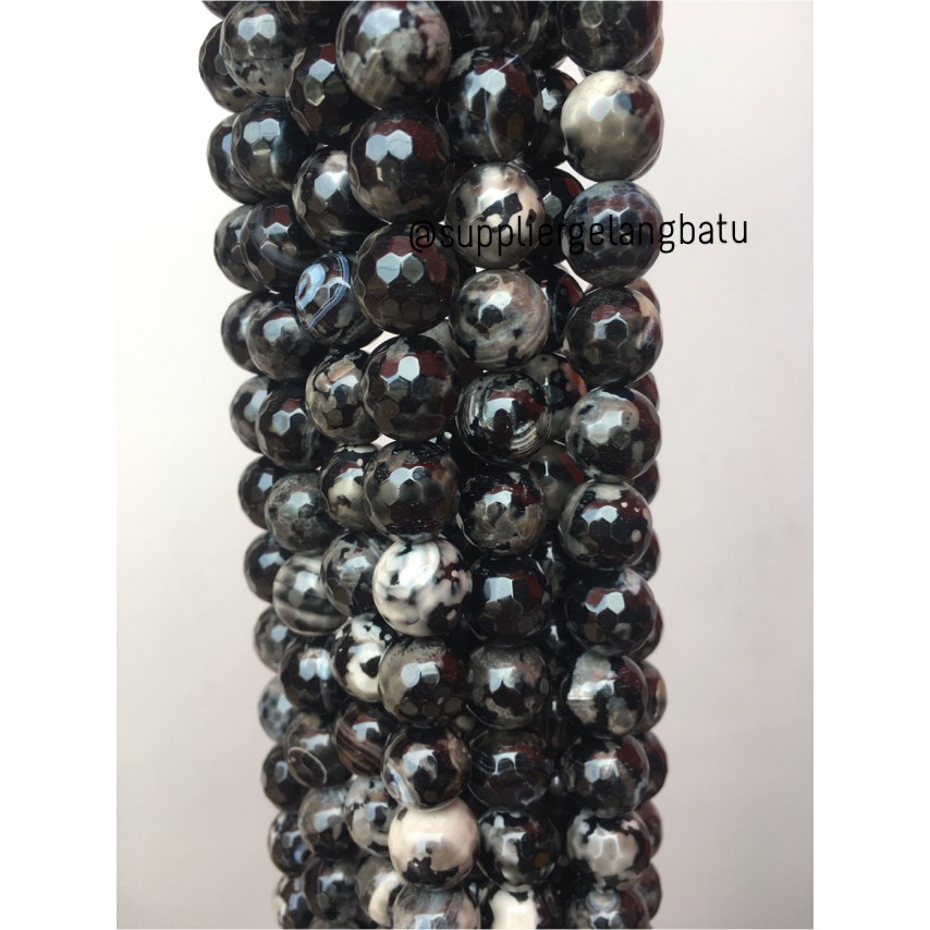 batu dalmantion agate FACETED BEADS 14mm cutting UKIR gelang kalung aksesoris hitam putih trending