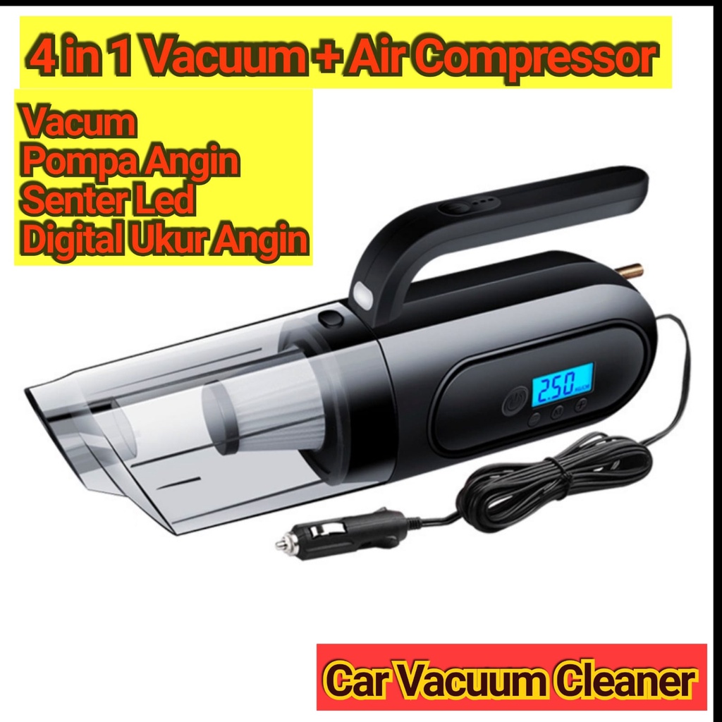 4in1 Vacuum Cleaner Mobil Portable Vacum Vakum Penyedot Debu + Pompa Angin Layar LED Digital