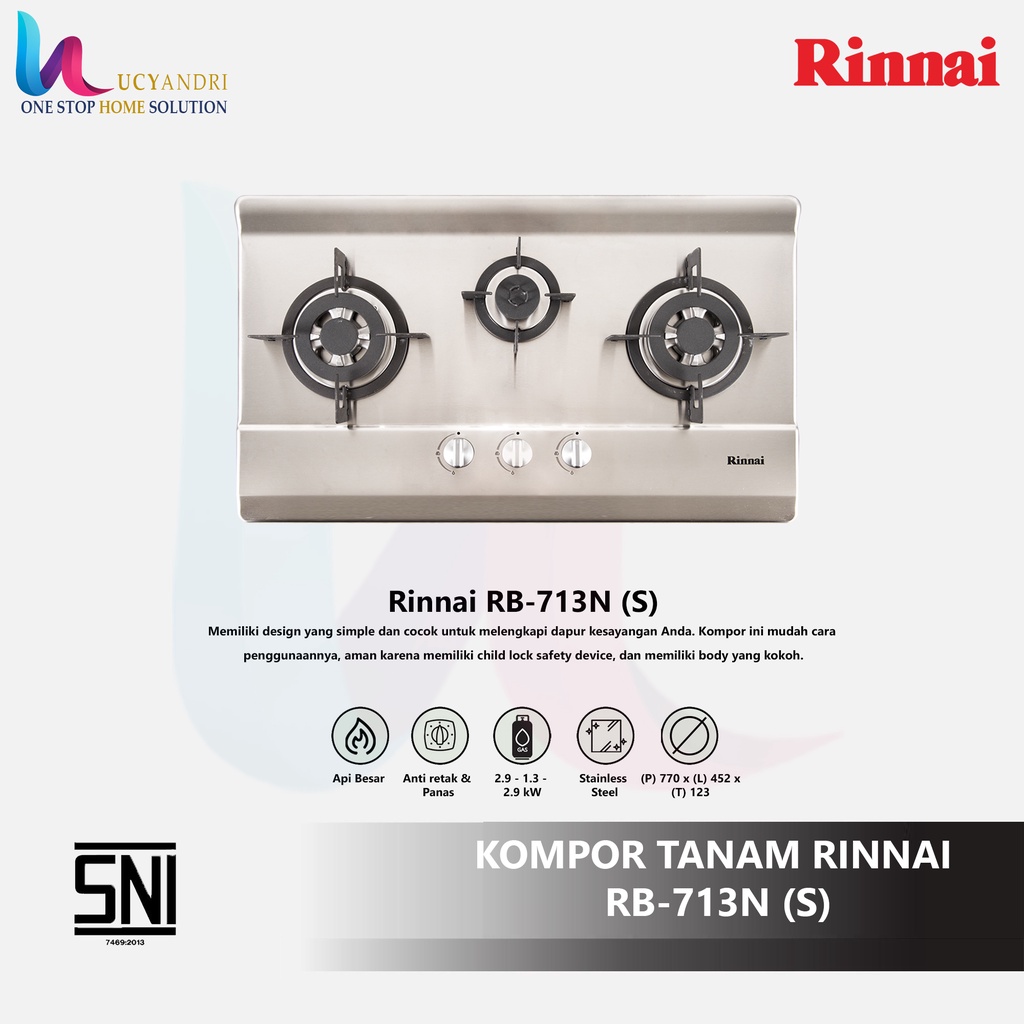 Kompor Gas Tanam 3 Tungku (Stainless) Rinnai RB-713N (S) / RB713NS ORI