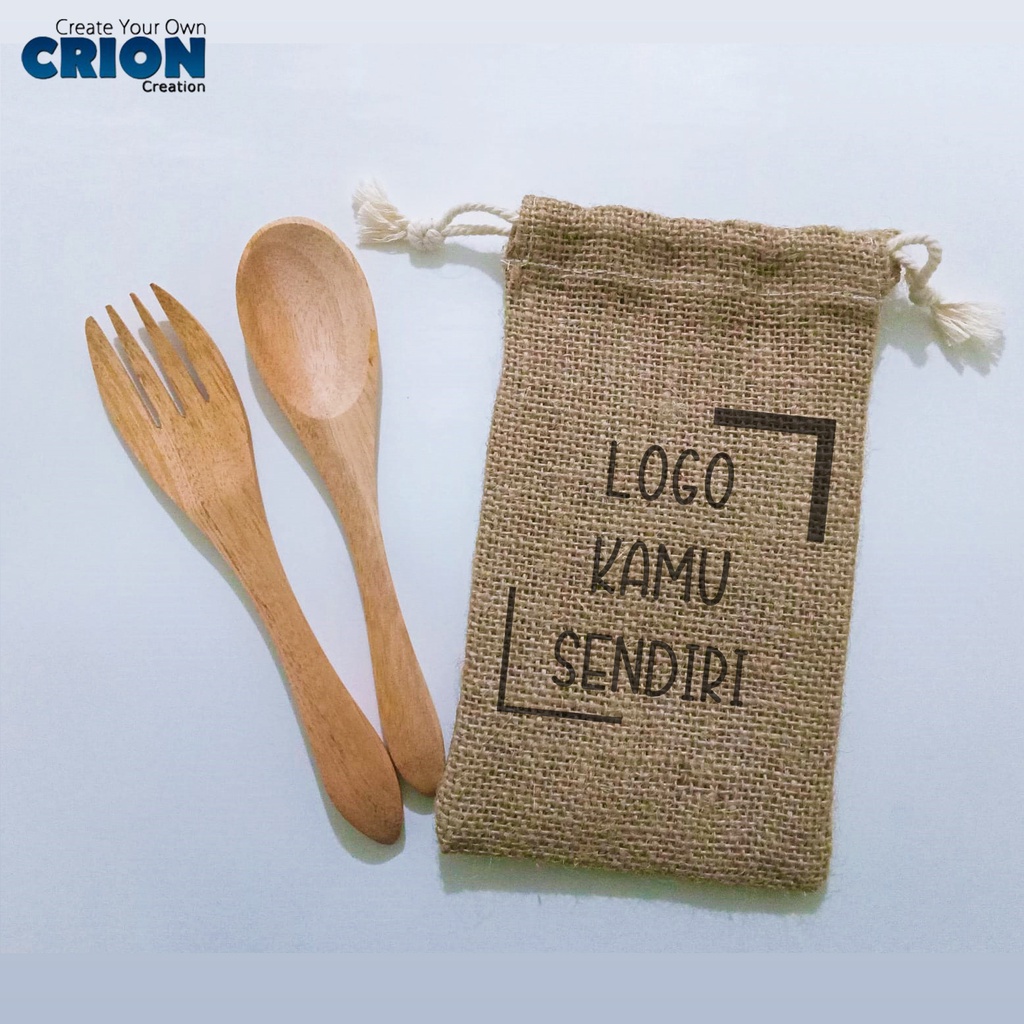 Wooden Cutlery - Sendok Garpu Kayu Set + Pouch Goni - Wedding Series