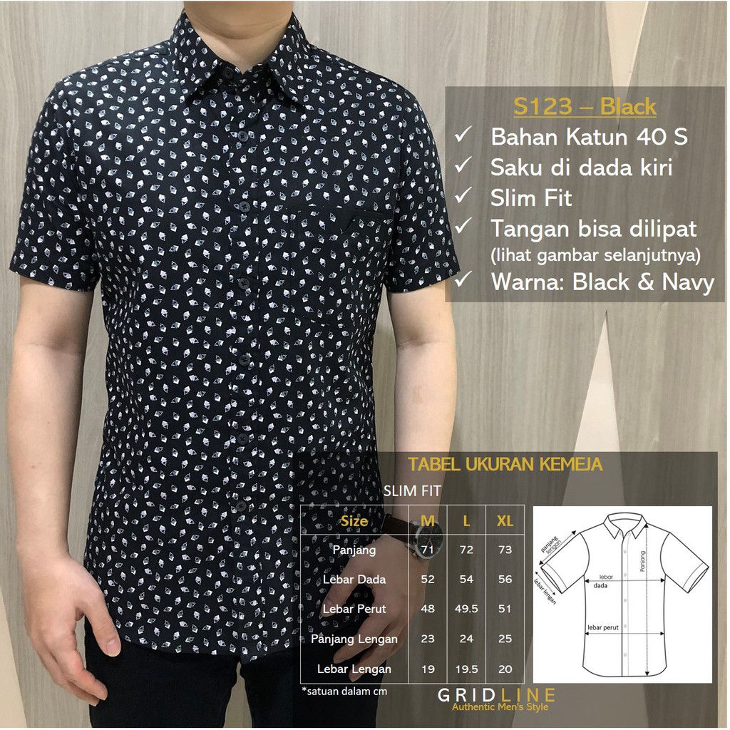 [GRIDLINE - S123 Black &amp; Navy] Kemeja Pria Cowok Katun Lengan Pendek Slimfit Casual Simpel