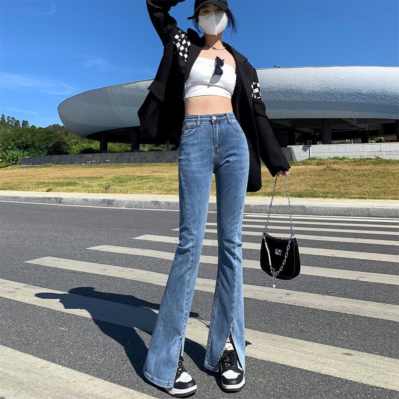 jeans cutbray highwaist korean style new belah hitam biru muda import highwaist Loose Slit celana jeans wanita