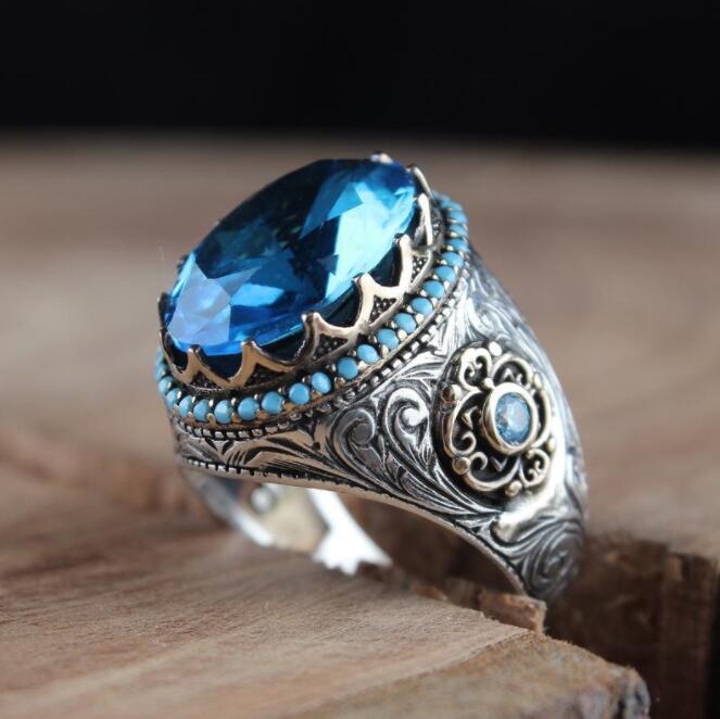 Cincin Kawin Pria Fashion Perhiasan Safir Kristal Berlian Biru Baja Titanium Perak Antik Silver Rings