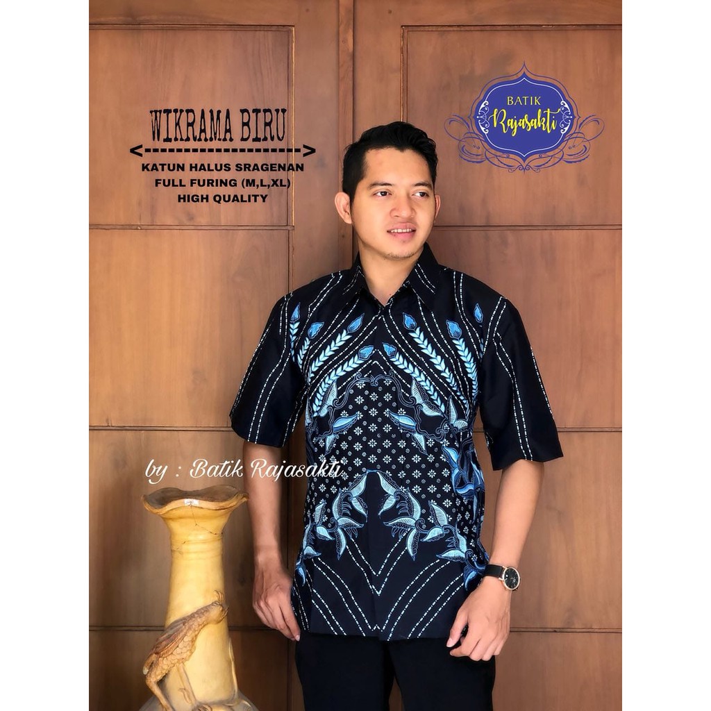 WIKRAMA BIRU Kemeja Batik Pria Lengan Pendek Katun Halus FULL FURING Rajasakti