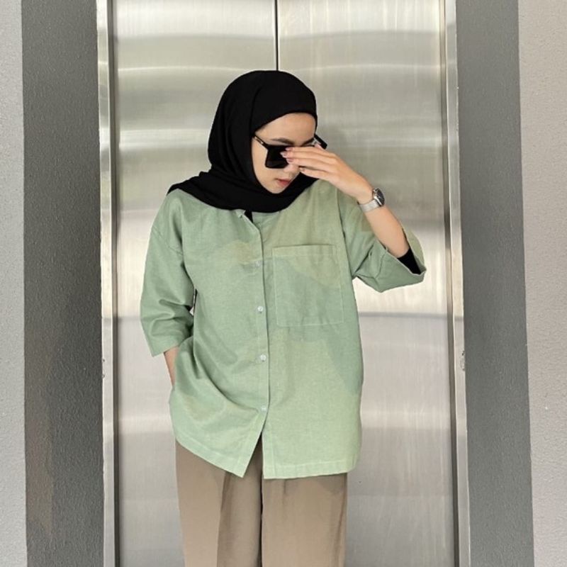 KEMEJA LINEN SINGEL POCKET - OVERSIZED SHIRT LINEN- ATASAN WANITA CASUAL