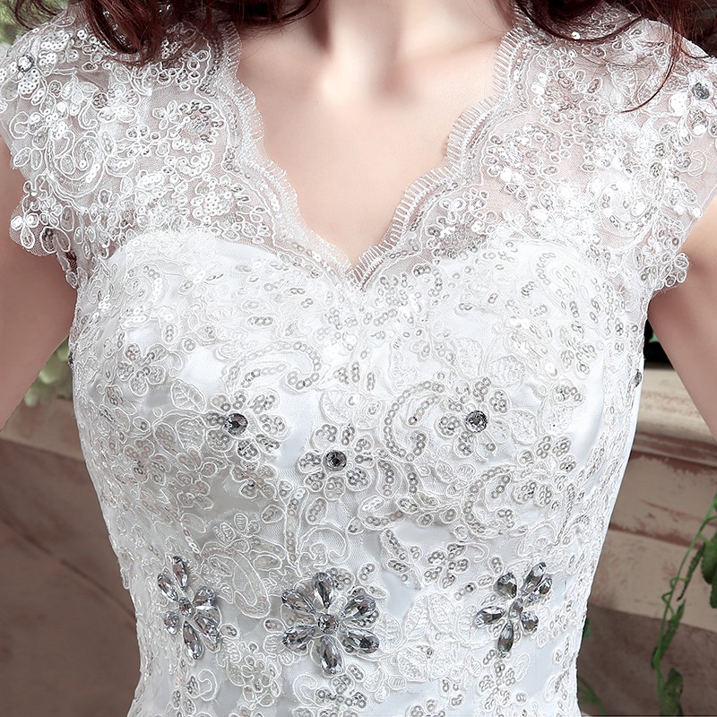 Luxurious White Women Wedding Dress Lace Embroidery Diamond Sequin Bridal Dress Gaun Import Gown