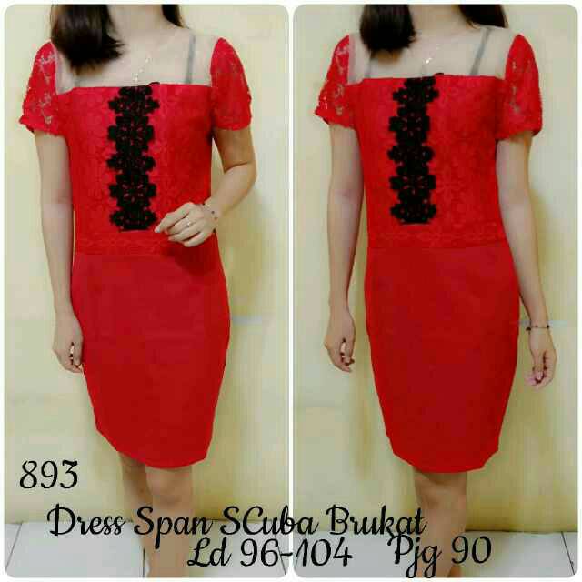 Dress span brukat scuba merah import