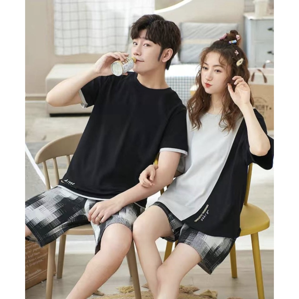 Baju tidur piyama couple bahan kaos import lengan pendek celana pendek HPcouple