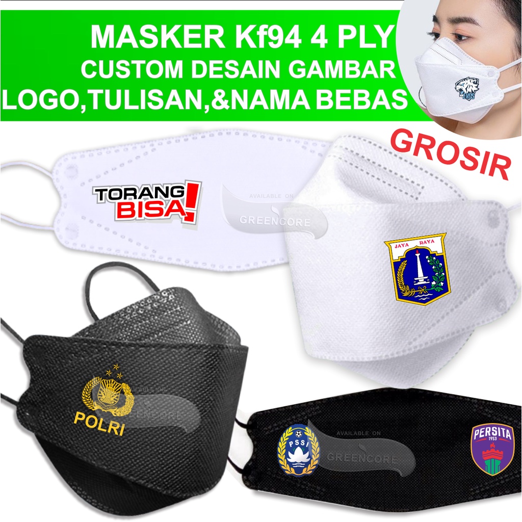 Masker kf94 logo custom gambar nama tulisan gambar non hijab 4 ply 4d lapis 3d kesehatan disposable hitam putih dewasa tni polri terbaru polisi korea warna warni earloop no headloop satuan convex no kn95 kain duckbil duckbill alkindo evo mouson face kf 94