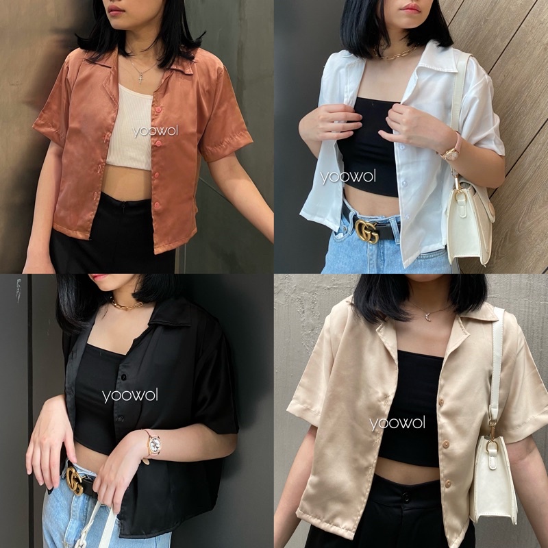 Satin Crop Shirt/ Kemeja Crop Basic/ Kemeja Crop Wanita