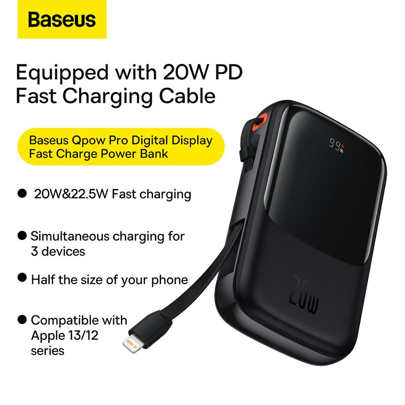 BASEUS POWER BANK 20W DISPLAY FAST CHARGING BUILT IN CABLE IPHONE