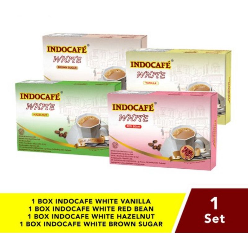 

Kopi Indocafe White varian BOX 5 Sachet (Brown sugar, Redbean, Hazelnut, Vanilla)