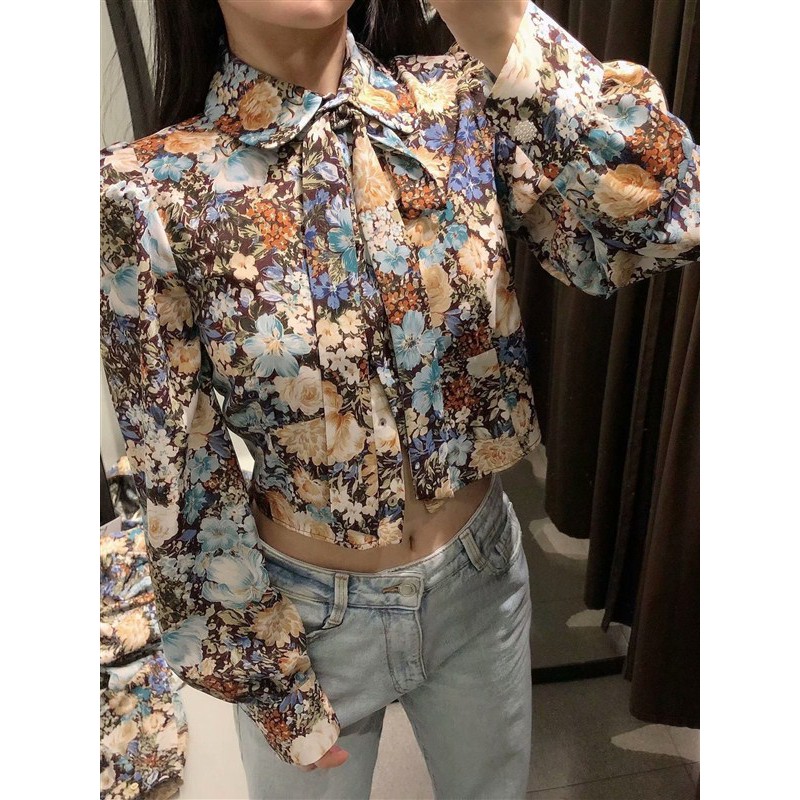 32145 Kemeja Wanita Motif Bunga Flower Bow Tie Blouse