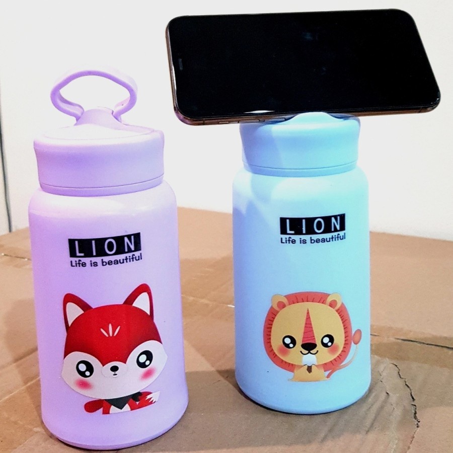 Botol Kaca Lion Karakter Animal Jumbo 400ml Ada Tempat Simpan HP