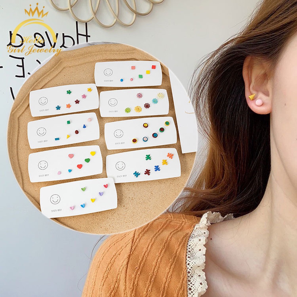 3pairs/pack 925 Silver Needle Daisy Earrings Small Flower Button Square Geometry Fashion Temperament Ear Ring