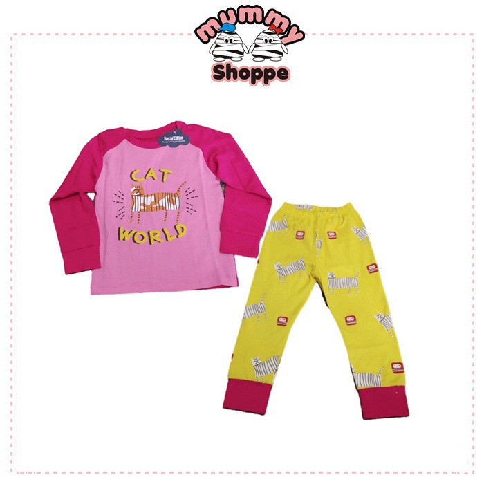 setelan baju tidur anak SE 25-E Piyama Cat world pink yellow