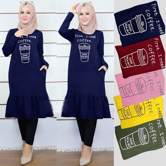 TUNIK NEED COFFEE LONG TUNIK MURAH BABY TERRY TUNIC