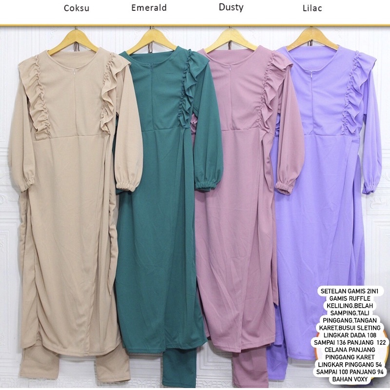 Setelan Tunik Gamis Celana Panjang Ruffle Pakaian Wanita Set