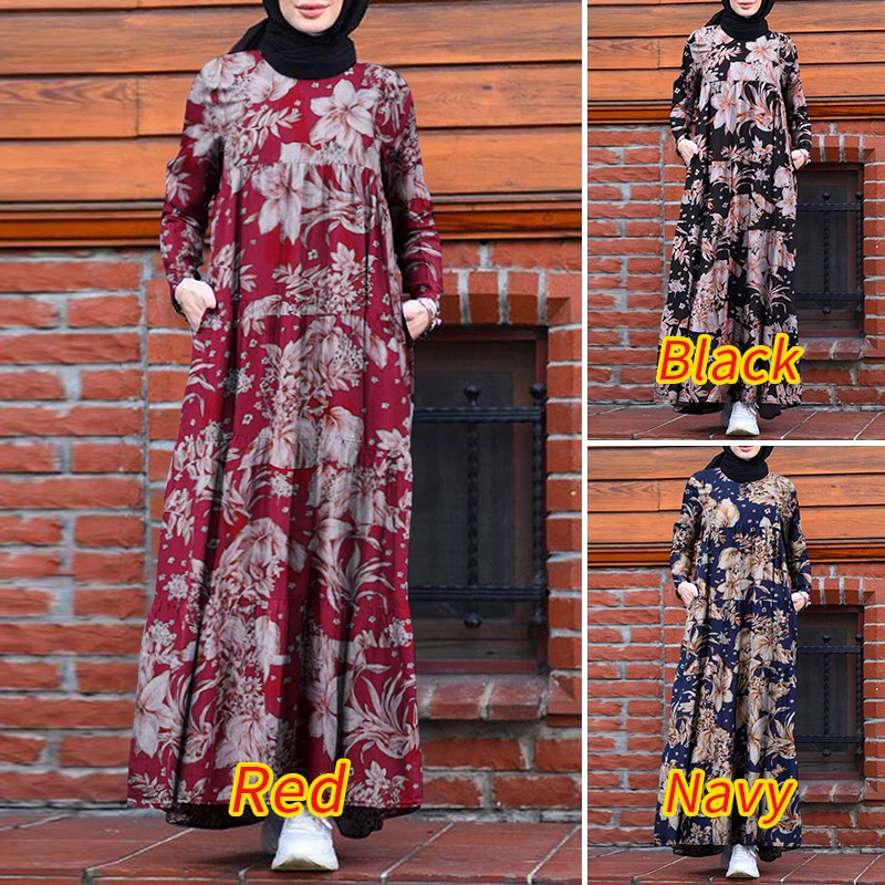 ZANZEA Women Long Sleeve Printed Vintage Back Zipper Muslim Maxi Dress