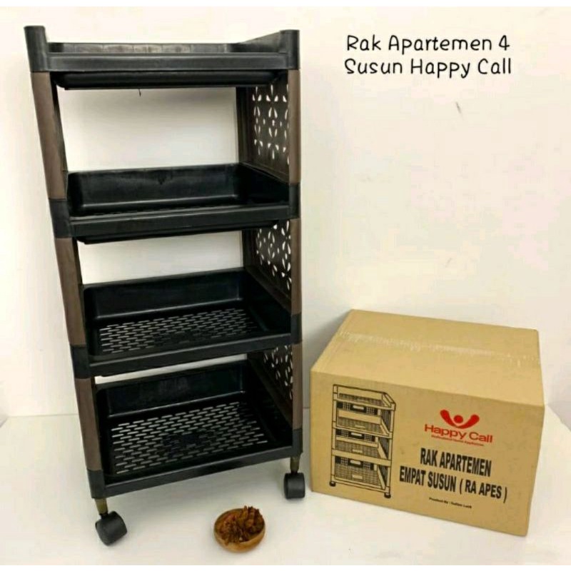 (BISA COD) RAK APARTEMEN PLASTIK 4 SUSUN HAPPY CALL BLACK RA APES ADA RODA