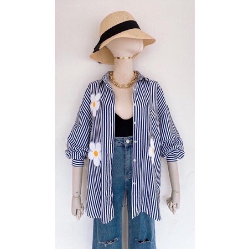 Kemeja Zara Stripe Bunga Bordir Bangkok / Baju Atasan wanita import premium