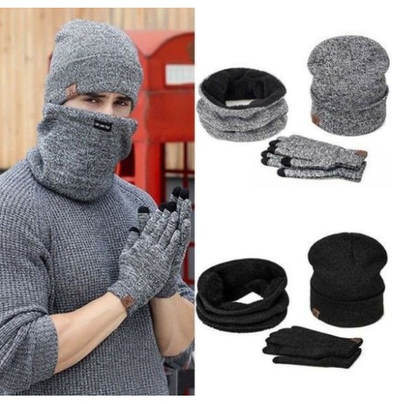 Set 3Pcs Topi Kupluk Wool Hangat+Scarf+Sarung Tangan untuk Winter Musim Dingin