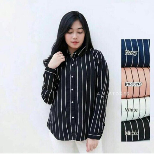 BLOUSE MOTIF SALUR - Kemeja Garis Wanita Full Kancing Lengan Panjang