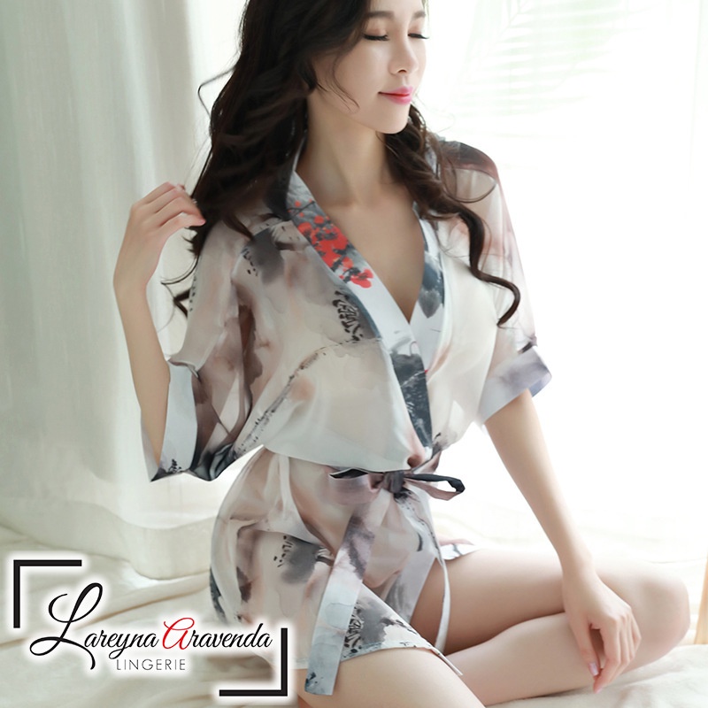 Set Lingerie Seksi + G String Model Kimono Bunga Semi Transparant LG095