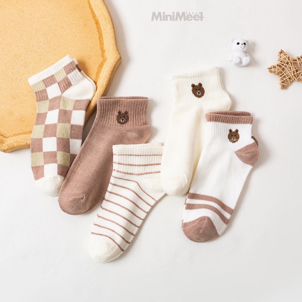Kaos Kaki Brown Fashion Pendek Semata Kaki / Kaus Kaki Sport Modis Teddy Bear Brown Short Ankle Cute Socks / Kaos Kaki Motif Polos Kotak Garis Sporty-6
