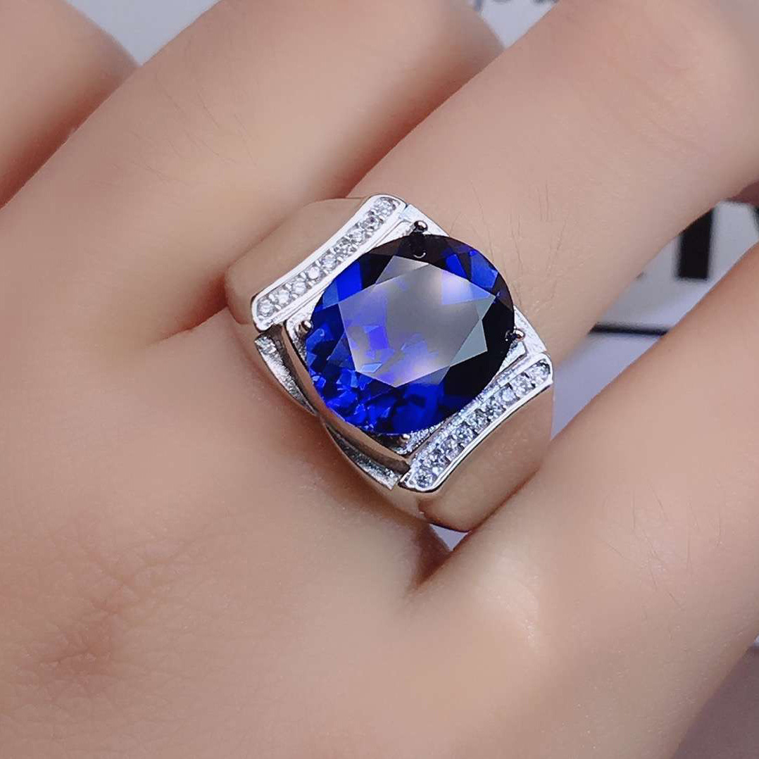 Cincin Pasangan Berlian Platinum Safir Pria Wanita Fashion Kristal Biru Couple Rings-4