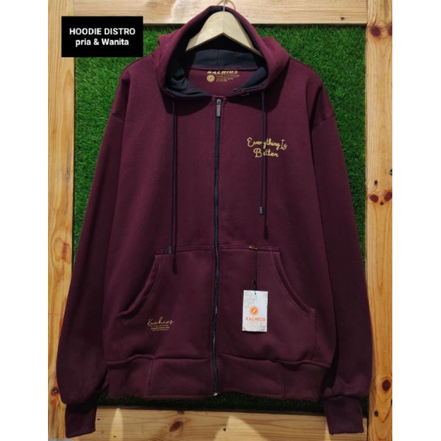 Kachios - Sweater Hoodie Zipper Resleting Pria/Wanita Distro Premium Original Merah Maroon Bahan Fle