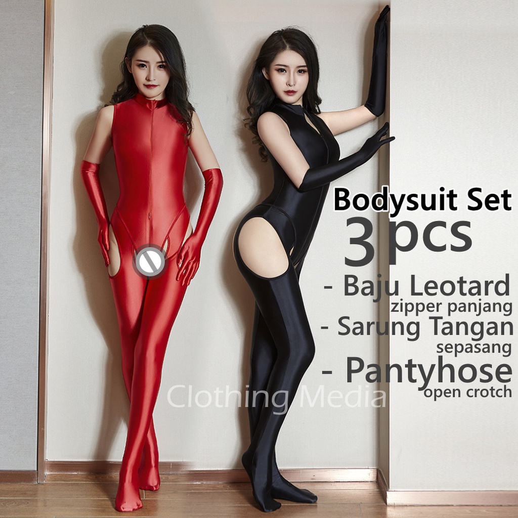 Bodysuit Set 3pcs Premium Warna Satin Pantyhose Glove Baju Leotard Zipper Catsuit