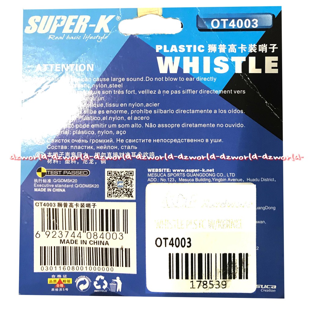 Super K Wistle Pluit Warna Biru Peluit Plastik