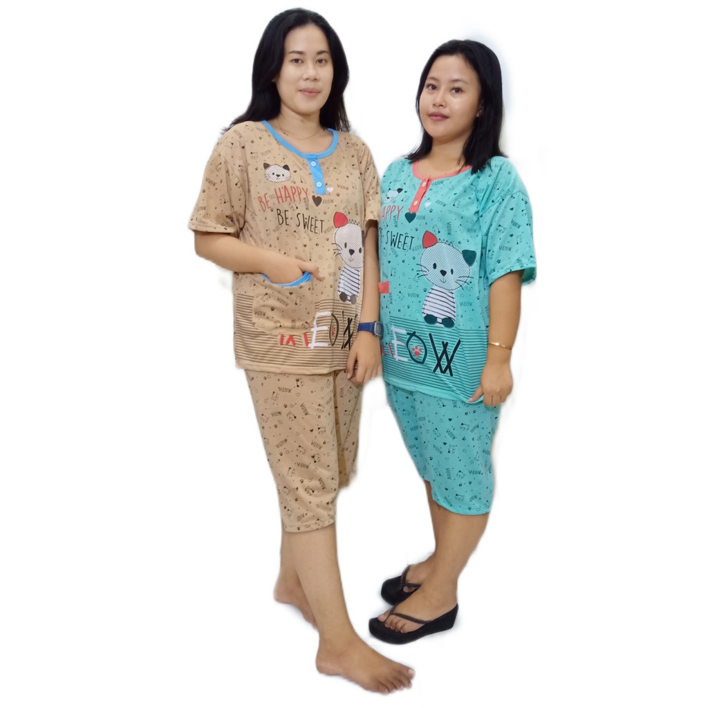 Baju Tidur Wanita 3/4 Jumbo NB Bahan Tebal MEOW HOKI WARNA ACAK-2