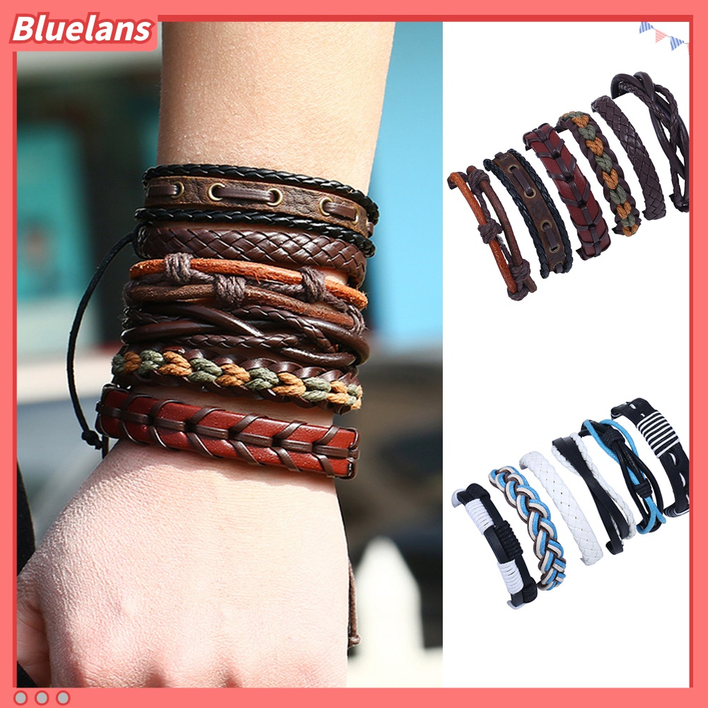 Bluelans 6Pcs / Set Gelang Tali Kepang Bahan Kulit Imitasi Gaya Vintage Untuk Pria