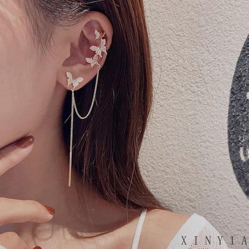 【COD】Korea Anting Fashion Asimetris Rumbai Stud Rumbai Panjang Desain Kupu-Kupu Untuk Musim Panas Warna Silver