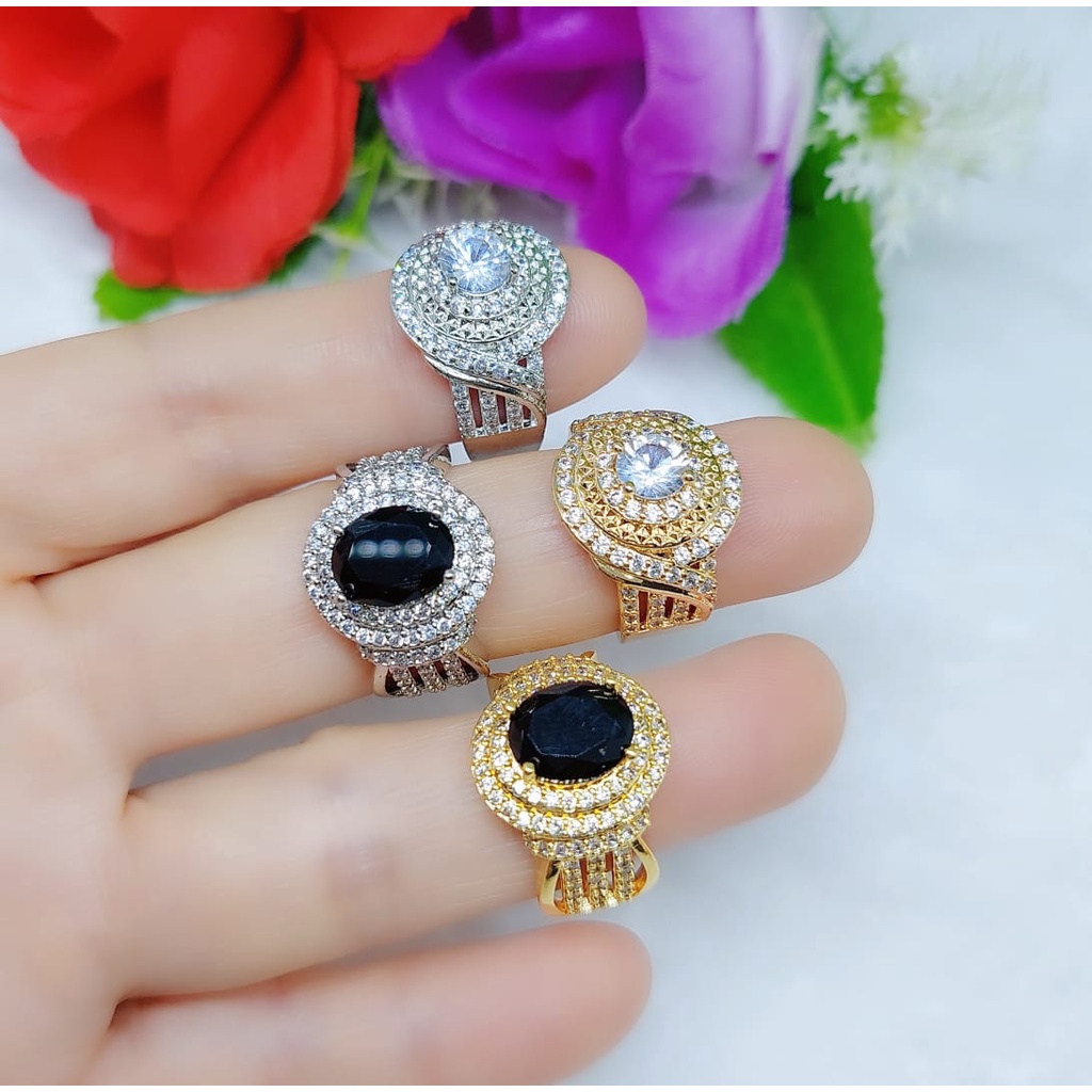 Cincin xuping lapis emas permata putih dan mata hitam perhiasan fashion