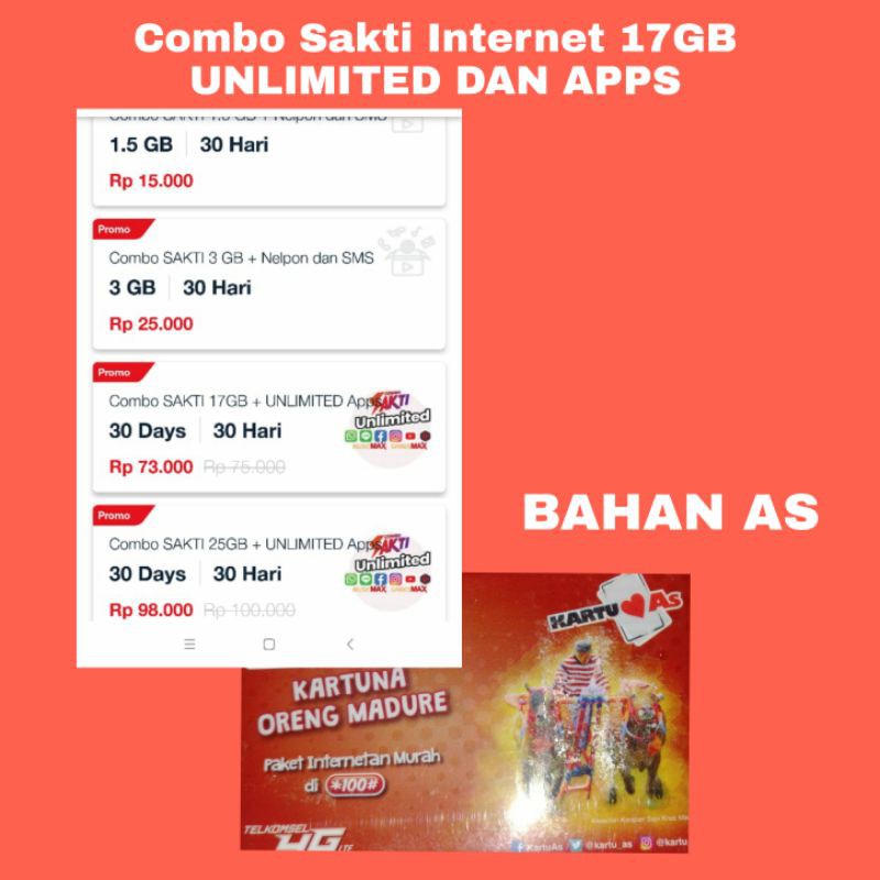 Kartu Combo Sakti 17GB UL/25GB UL BAHAN AS MADURA
