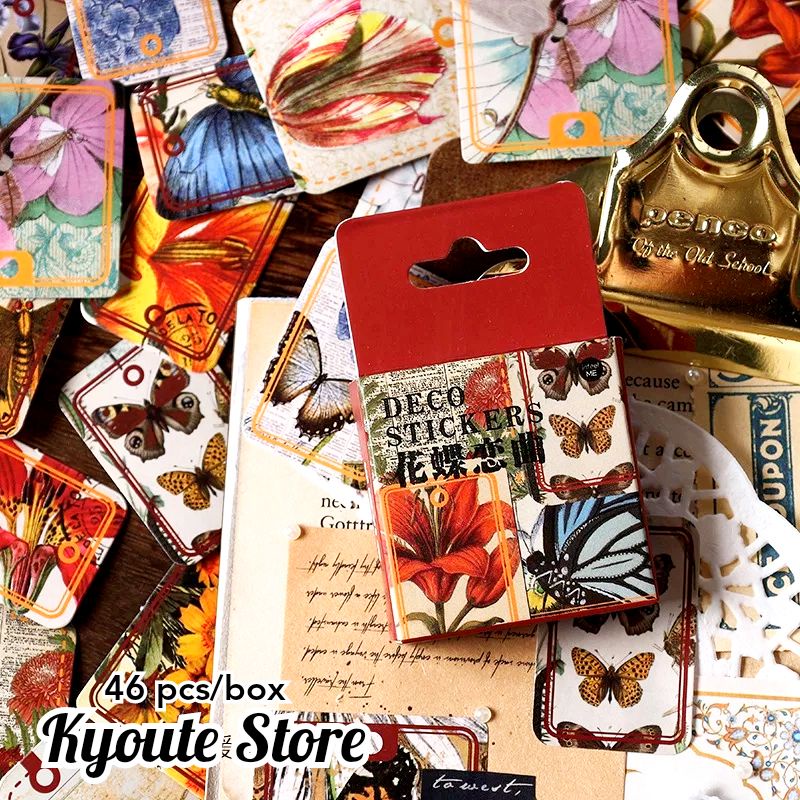 

46 pcs Sticker Butterfly Flower Vintage Aesthetic Retro Dekorasi Scrapbook Journal Diary Surat Catatan