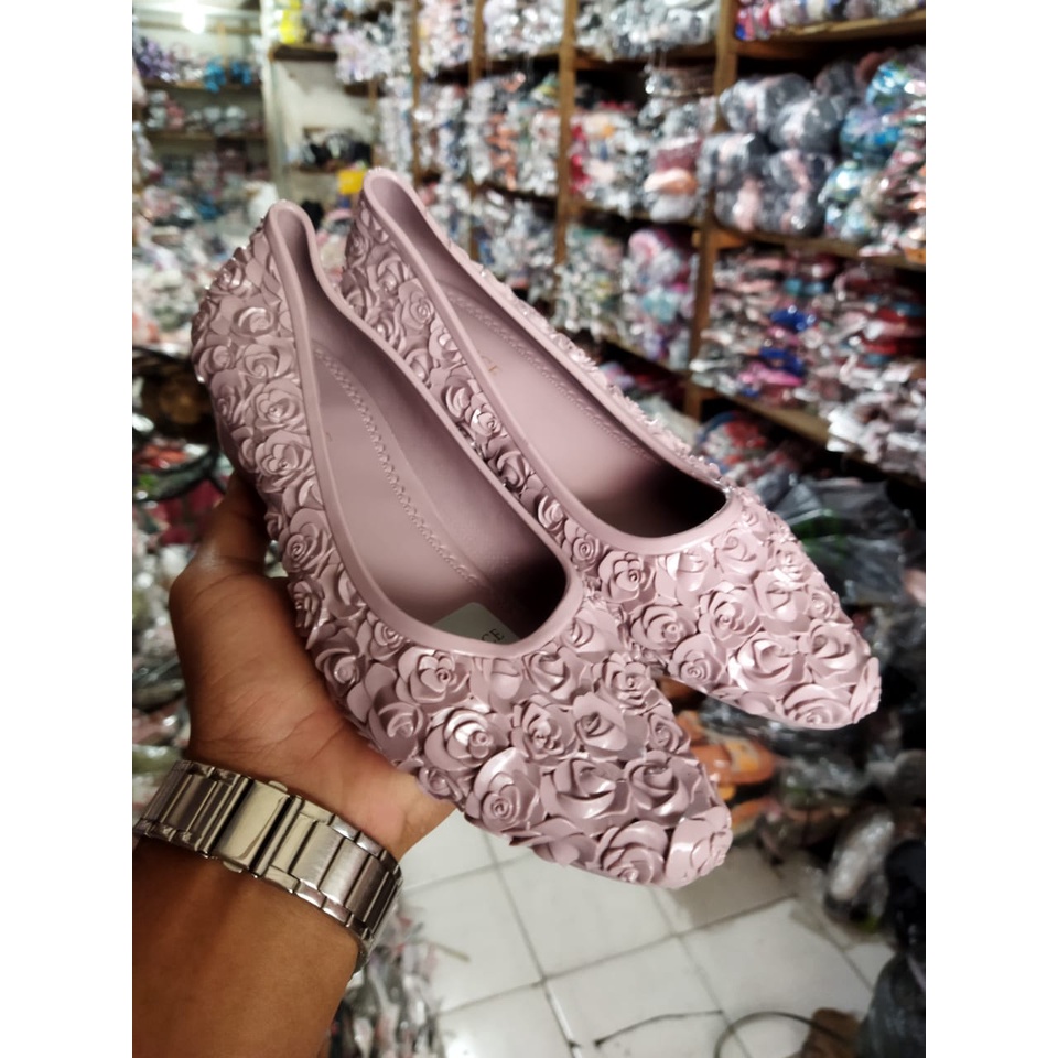 sepatu jelly perempuan model wadges motif rose gllosy 609-1A size 37-40// sepatu wanita jelly elastis