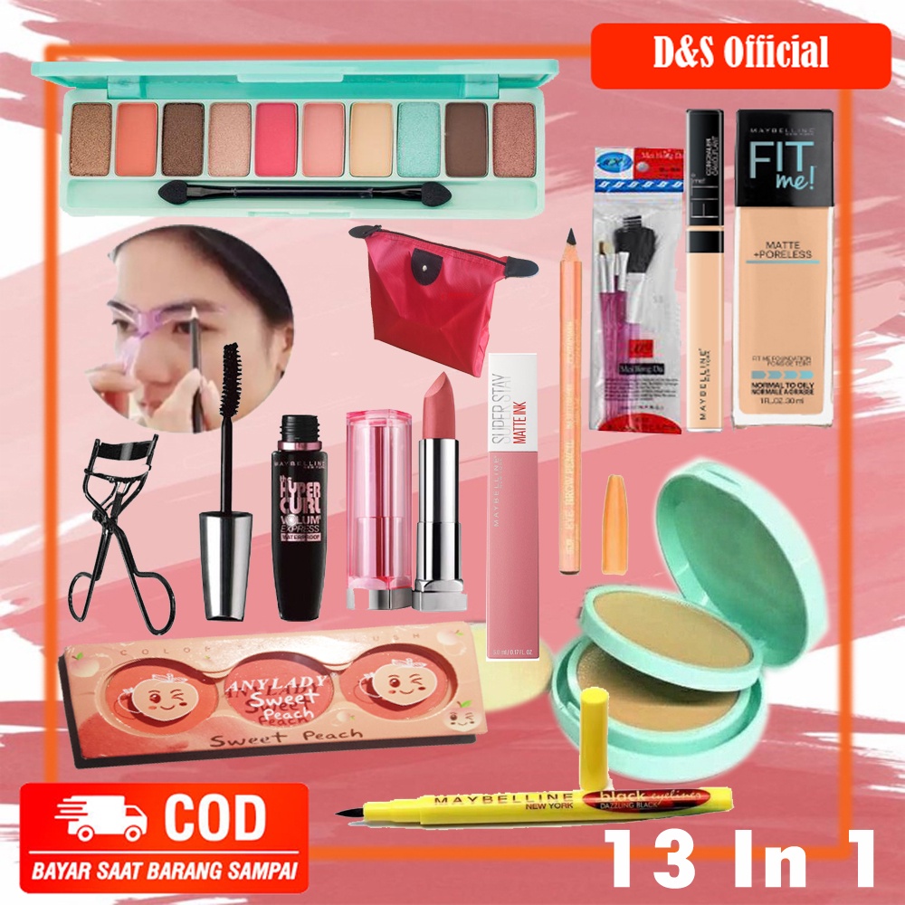 Satu Set Make Up Lengkap Paket Kosmetik Maybelline Lengkap Murah 13 In 1 Bedak - Eyesahdow - Bulsh O