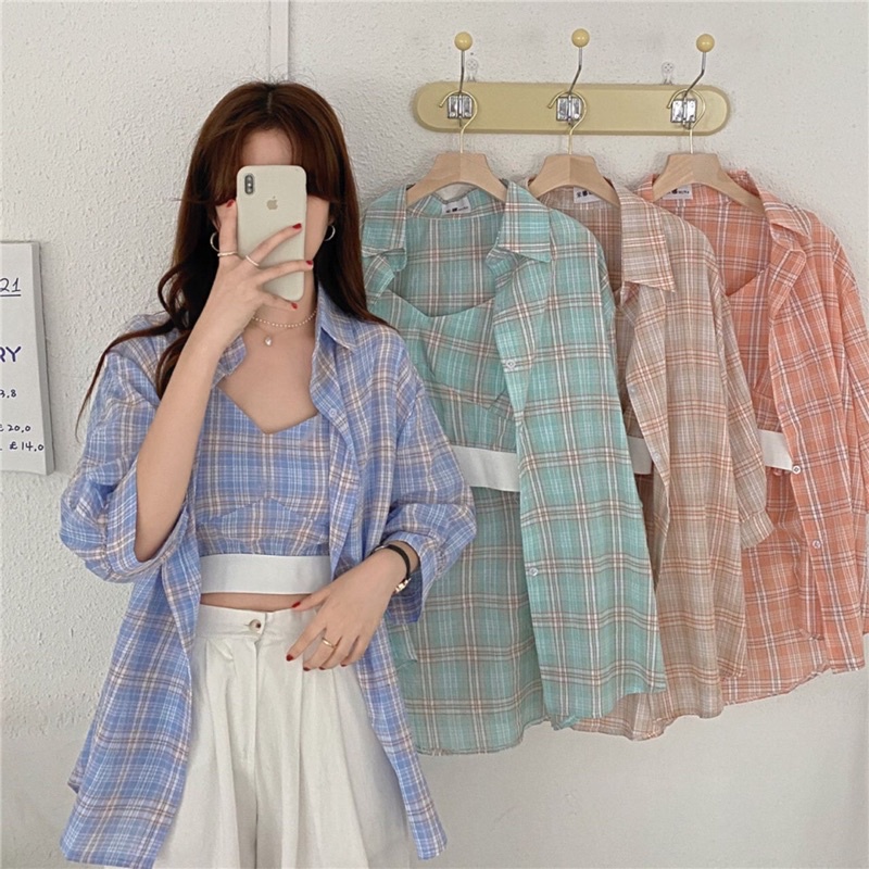 Mallory Tartan Set Tanktop & Outer set kemeja cewek kemeja korean style blouse cewek korea kemeja se