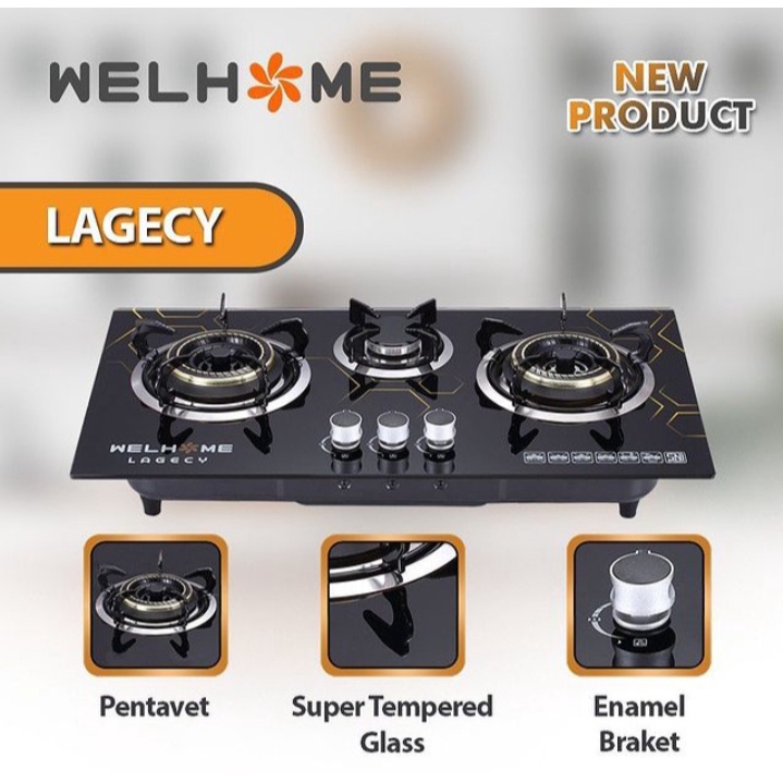 Kompor Gas Kaca 3 Tungku WELHOME Kompor Gas Kaca Tanam Kompor Tanam Tempered Glass Kompor Kaca Model