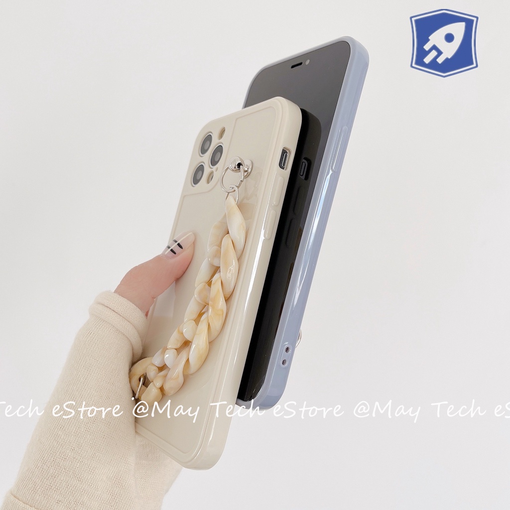 Casing iPhone Putih Beige / Biru / Coklat Coffee Transparan dengan Hand Grip Rantai iPhone X XS XR XSMAX 11 12 13 PRO PROMAX