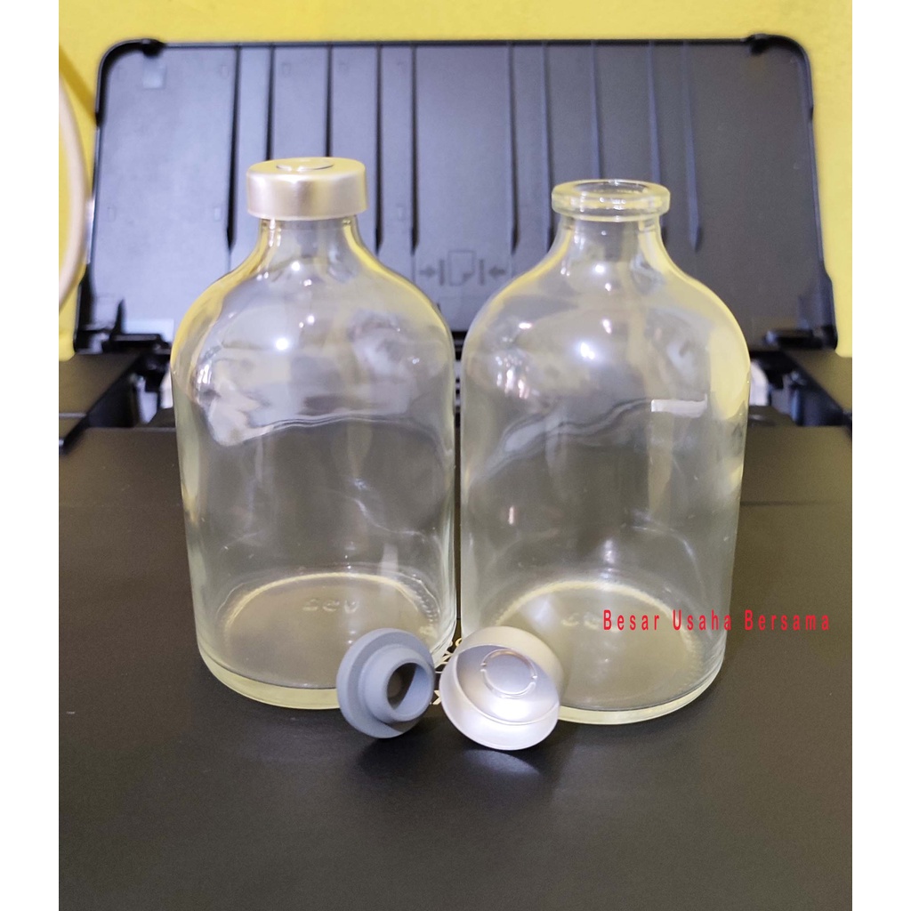 Botol Kaca Vial Bening 100ml 100 ml Clear Tutup Karet dan Segel Aluminium