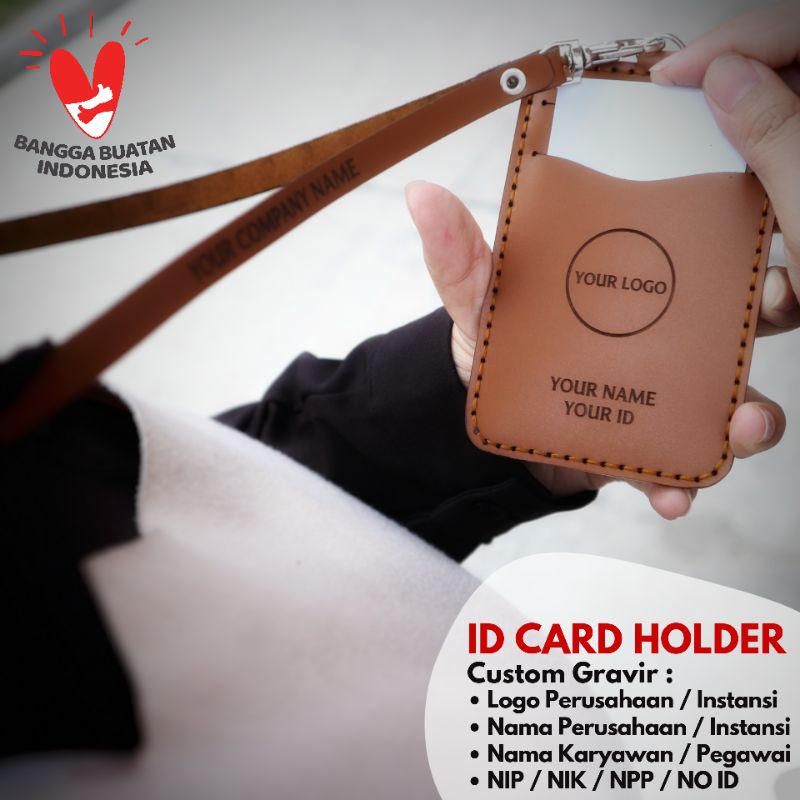 

ID Card Holder Kulit Asli Name Tag Kulit Lanyard Custom Gravir Nama Logo Perusahaan