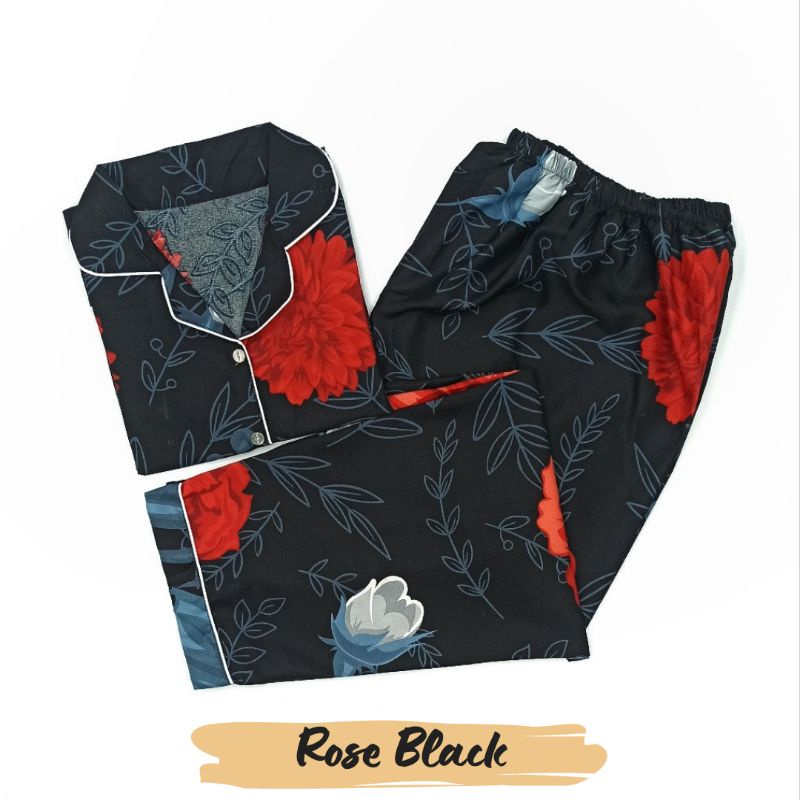 Baju Tidur Wanita | Piyama Wanita Kekinian | Oneset Setelan Wanita Bahan Katun Polymicro Bebas Pilih Motif-Rose Black