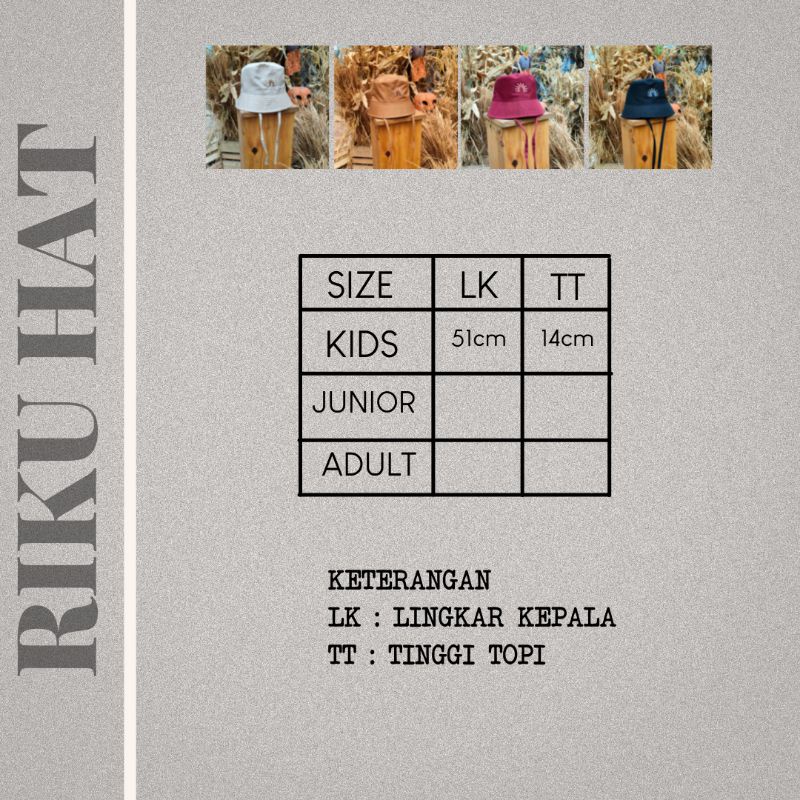 RIKU HAT - Promo 8.8 Bucket Hat Polos Anak Topi Tali Bordir Cewe Cowo Laki Perempuan Korea Drill Lucu Murah