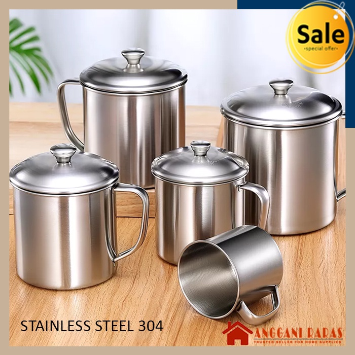 Cangkir Gelas Besar Stainless Mug Kopi Teh Stenlis Tutup 450ml